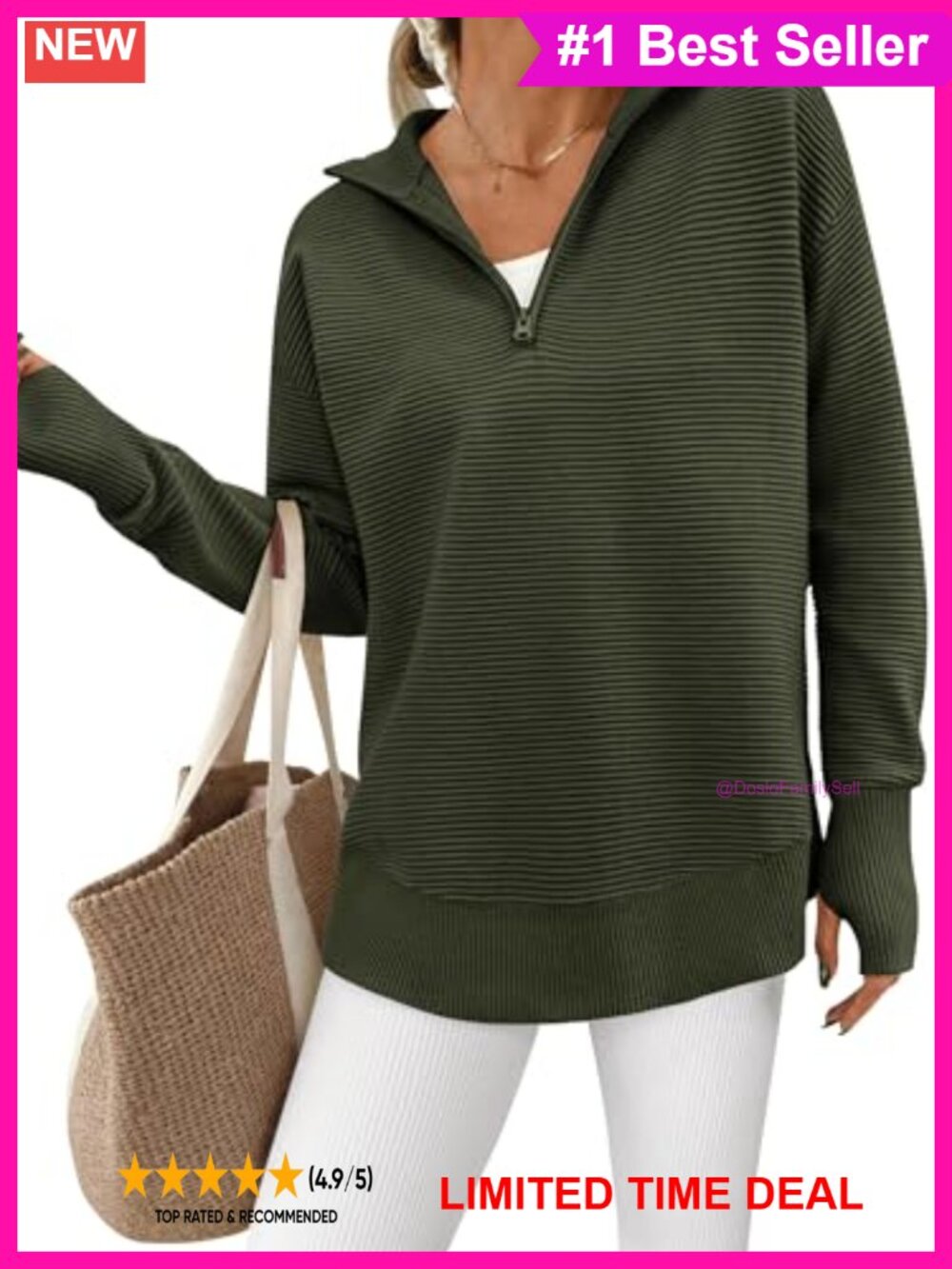 Womens Ribbed Knit Quarter Zip Pullover Sweater Loose Fit Thumb Hole